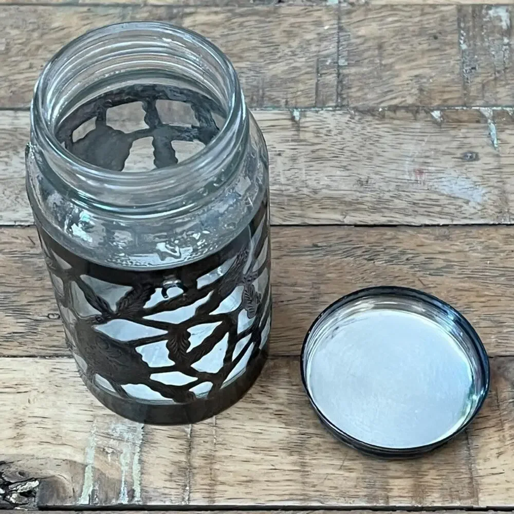 Vintage Nestle 925 Sterling Silver Glass Jar Floral Overlay 4.75